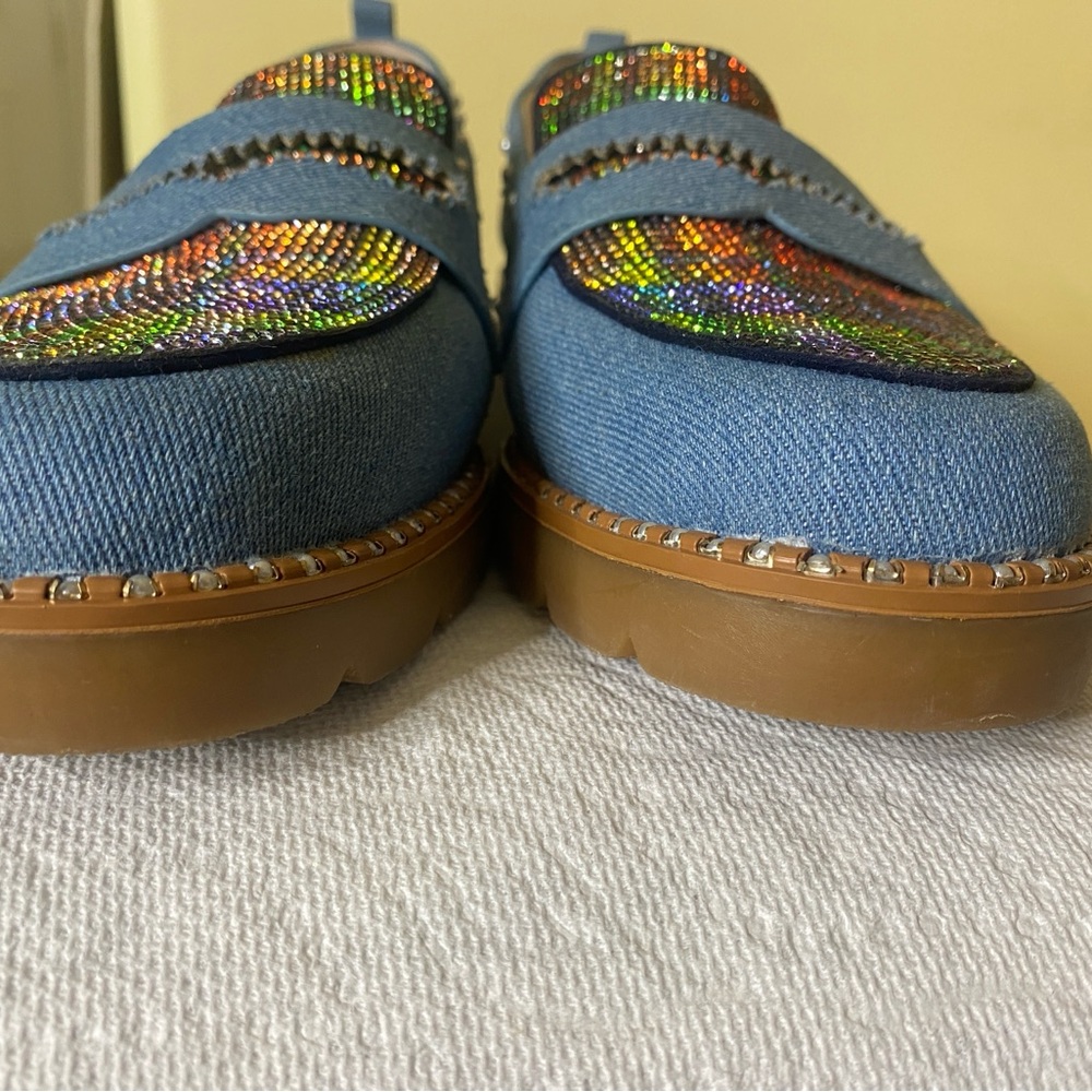 Betsy Johnson’s denim rhinestone, pearls, and studded loafers 9M - Picture 10 of 10